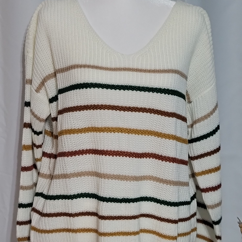 Striped V-Neck Sweater - Cream, Brown, Green, Gold